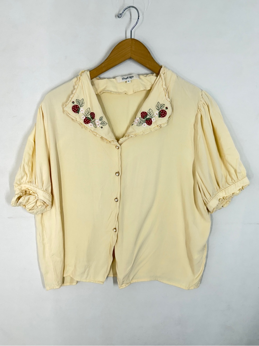 Simple Retro Womens Blouse Strawberry Embroidered Boho Grandma Core Yellow Retro